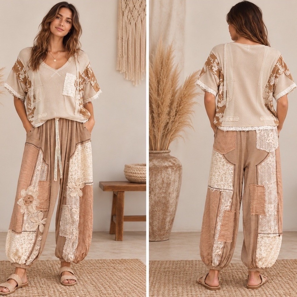 228. New POL Boho Patchwork Pants Relaxed Fit Rib Lace Tan Brown